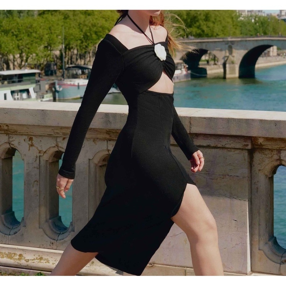 Petite Studio‎ Renee Black Cutout Front Midi Dress Side Slit Size XS NWT